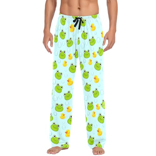 Men's Cute Cartoon Frog Pajama Pants with Pockets - Straight Fit Cotton Sleep Bottoms for Lounge & Nightwear#4672