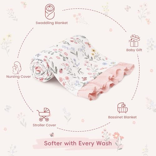 Image of david's kids Flounce Muslin Baby Blanket for Girls Boys, 100% Cotton Soft Crib Swaddle Blankets, Reversible & Breathable Nursery Bedding for Newborns Toddlers, 47 x 47 Inches (Garden)