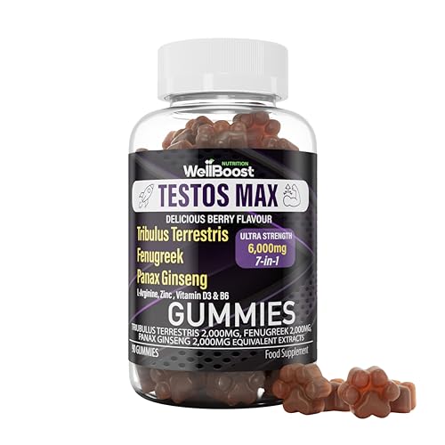 WellBoost Testos MAX Strength Gummies - 6000mg 7-in-1 Tribulus, Fenugreek, Ginseng, L-Arginine, Zinc, Vitamin D3 & B6 - Vegan, Sugar-Free, Berry Flavour - Supports Muscle Growth & Vitality for Adults