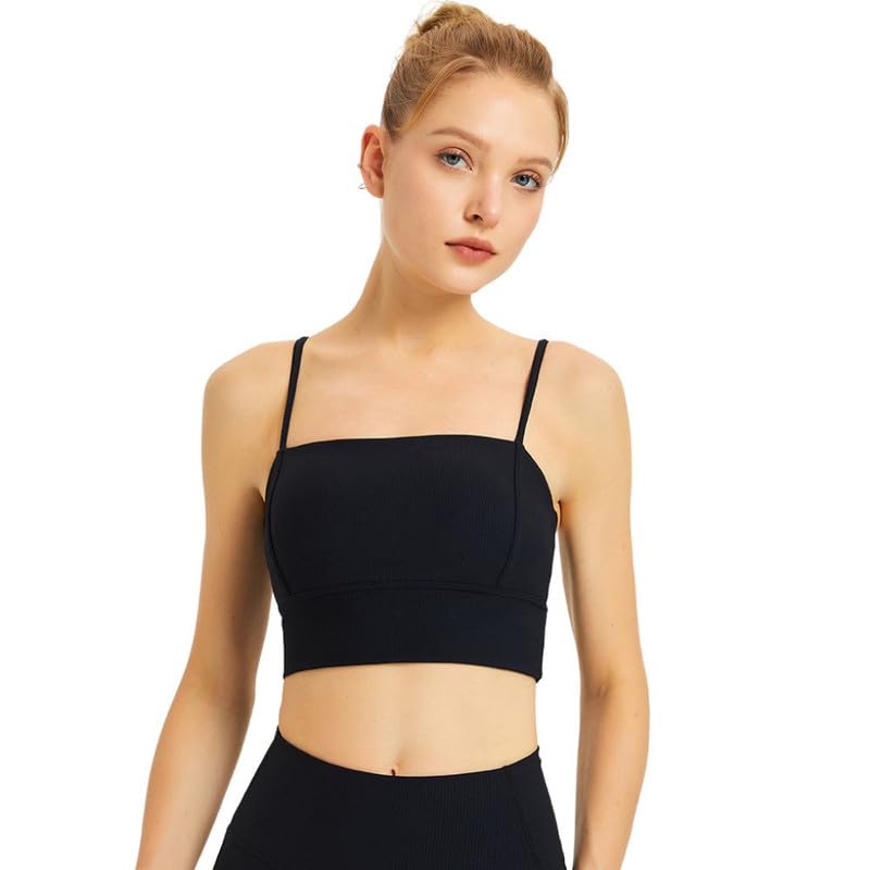 Women's Sports Bra Top Vest Shockproof Fitness Square Neck Thin Strap Comfortable | Black -S