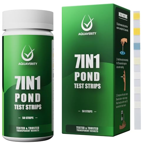 AQUAVERITY 7-in-1 Teststreifen Teichwasser – Präzises Teichwassertest-Set für pH-Wert, Nitrat, Nitrit, Karbonat, Härte, Gesamt- und freies Chlor – Für alle Gartenteiche – 50 Streifen