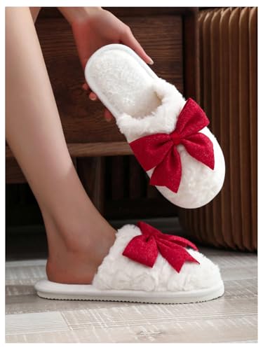 OYOANGLE Women's Bow Decor Round Toe Fuzzy Slippers Plush Home Slippers Indoor Bedroom Warm Slippers2
