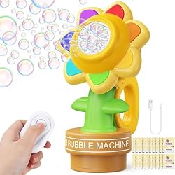 Yunaking Remote Control Flower Bubble Machine for Kids Toy Ages 3 4 5 6 7 8 | Direct Charge, LED Light, Automatic Dance, 2 Mode Play, Bubble Maker Wands Christmas Birthday Easter Valentines Gift, Wedding