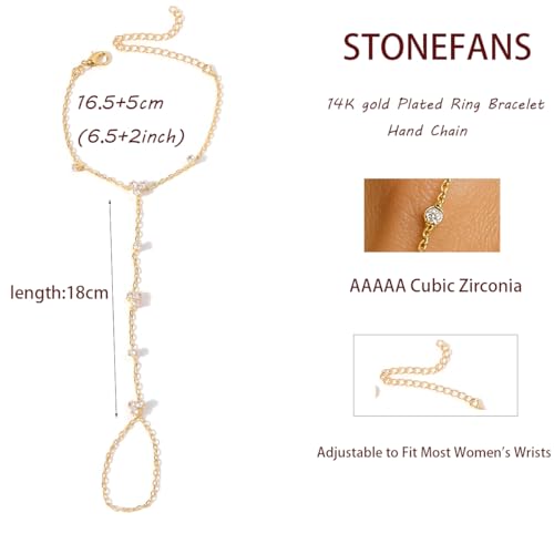 STONEFANS Hand Chain, Dainty Gold Bracelets for Women 14K Gold Plated Cubic Zirconia Finger Bracelet Adjustable Ring Bracelet Hand Chain Trendy Jewelry Accessories for Women Gifts3