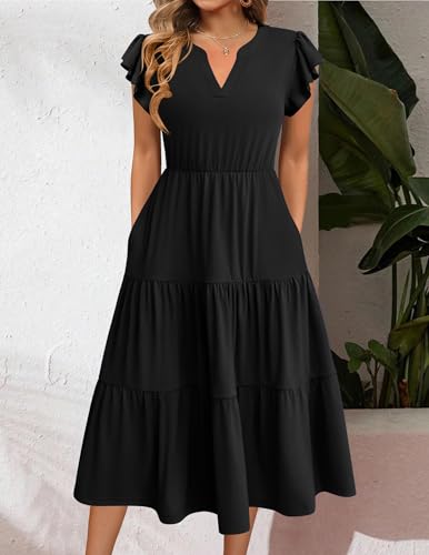 Image of ZEAGOO Womens Summer Casual Dresses Ruffle Sleeve V Neck Midi Dress Flowy Tiered Dress with Pockets Boho Sundresses