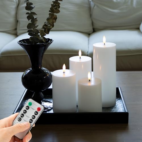 Image of White Flameless Pillar Candles, Battery Operated Wax Candles with Remote, Flat Top Flickering Flameless Candles, LED Candle for Home, Wedding, Party Decor, Set of 4, Φ 3 inch H 4 inch 5 inch 6 inch 8 inch