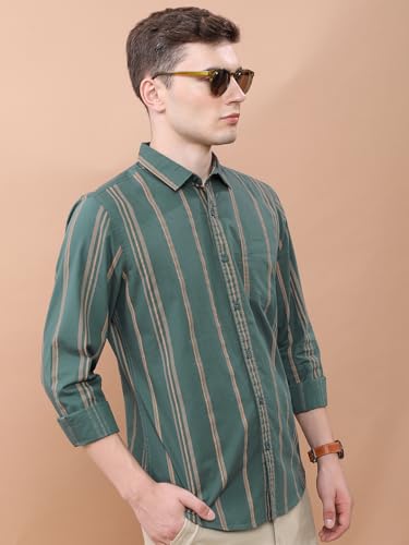 Image of Highlander Men's Slim Fit Striped Shirt | Full Sleeves | Everyday Wear Stylish Shirt for Men Green