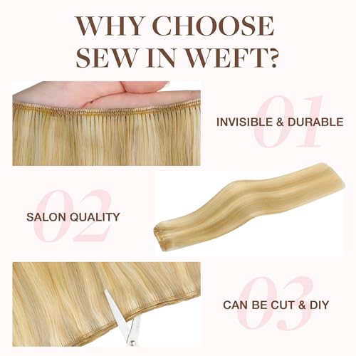 Image of GOO GOO Sew in Hair Extensions Real Human Hair, Weft Hair Extensions Human Hair, 18D /22F Dirty Blonde Highlights 20inch 100g, Weft Bundles Straight Silky Remy Hair