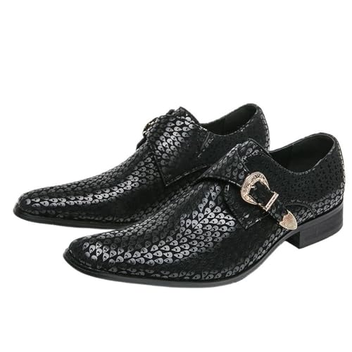 Men's Leather Dress Shoes Single-Buckle Monk Slip-On Classic Formal Pointed-Toe Sequins Derby Shoes