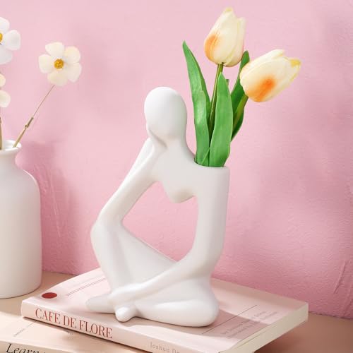 Vase en céramique blanc Healvian en forme de penseur pour fleurs séchées
