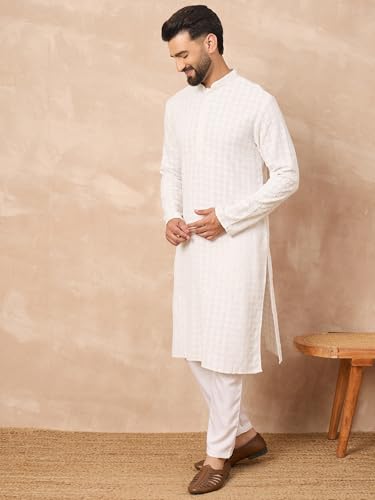 Image of Men's Solid Embroidered Long Straight Kurta | Men's Kurta | Embroidered Chikankari Kurta for Men | Straight Fit Kurta for Men