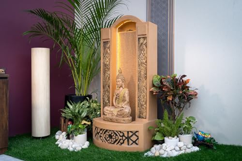 EXPLEASIA Slate Buddha 4ft Water Fountain for Home, Office, Garden | Indoor Fountain Big Size, Water Fountain for Garden, Fountain for Home vastu (Beige)