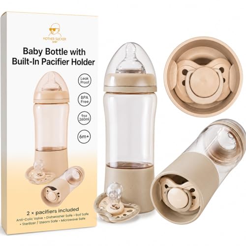Mother Sucker Baby Baby Bottle with Built in Pacifier Storage Includes 2 Matching Pacifiers 8oz/240ml BPA Free Anti Colic 6m+ Fast Flow