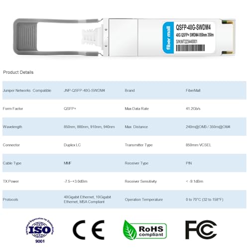 Image of 40GBASE-SR SWDM4 Optical Transceiver Module, Compatible with Juniper Networks JNP-QSFP-40G-SWDM4, 40G QSFP+ 850 /880 /910 /940nm 350m Duplex LC MMF DDM