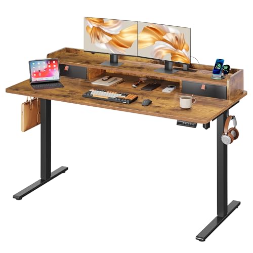 Image of DEVAISE 55 Inch Electric Standing Desk with Shelf, Adjustable Computer Desk for Home Office, with LED Touchscreen,Headphone Hook, 3 Memory Preset, with One-Piece Desktop, Rustic Brown