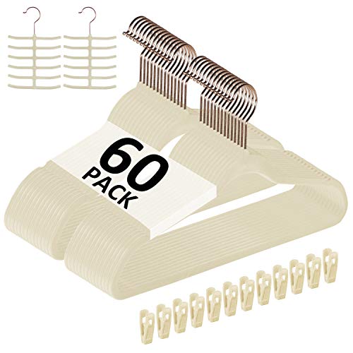 VECELO Premium Velvet Clothes Hangers Suit Heavy Duty (60 Pack)-Non Slip & Space-Saving with 8 Finger Clips & Tie Rack Excellent for Men and Women,Beige