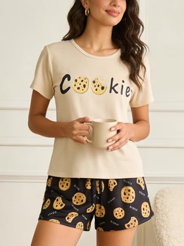 Image of VENTELAN Pajama Set For Women Cute PJS Summer Short Sleeve Shorts Sleepwear