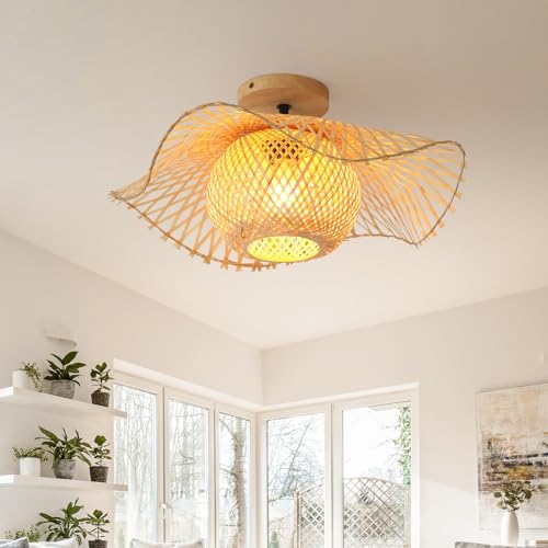 Schindora Lampadario Camera Da Letto In Bamboo e legno,48Cm Boho Lampadari Soggiorno Tessuto A Mano E27 Lampadario Cucina Per Salotto Sala Da Pranzo Ristorante