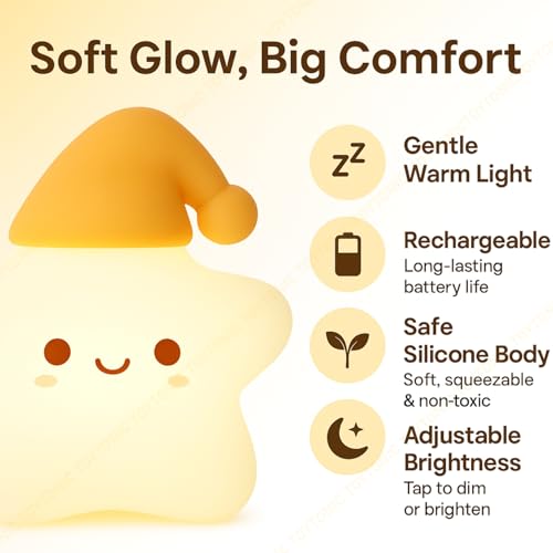 Image of TOYTONIC Silicone Star Night Lamp | USB Rechargeable 7-Color LED with Touch Control | Dimmable Bedside Nightlight for Kids Bedroom, Baby Nursery, Room Decor & Diwali Gift