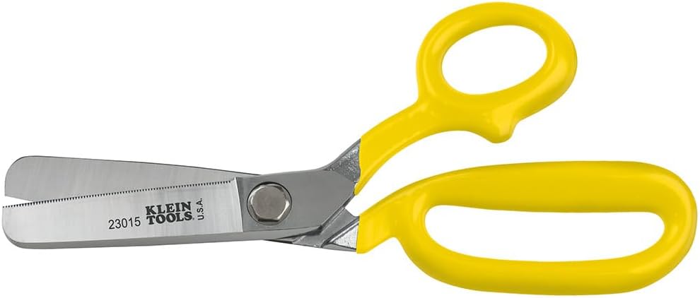 Klein Tools 23015 Scissors, Made in USA, Single-serrated Blade Blunt Shear Cuts Belting, Heavy Fabric, Leather, Upholstery, Heavy Carpet, More, 9.75-Inch
