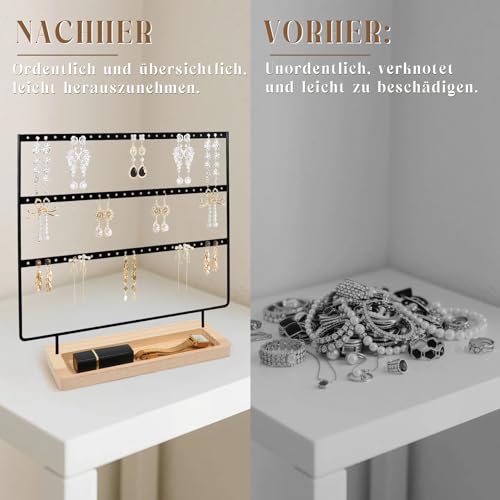 3 Tier Schmuckständer Ohrringhalter, 75 Löcher Ohrring Ständer, Ohrringe Ohrstecker Aufbewahrung mit Holztablett, Schmuckhalter Aufbewahrung für Ohrhänger Ringe Halsketten Armbänder (Schwarz)