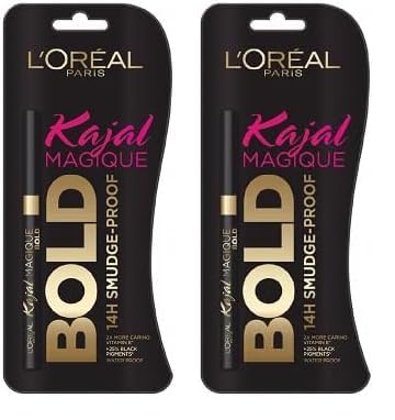 Image of L'Oreal Paris Kajal, Waterproof Eyeliner, 14 Hours of Smudge-Proof Wear, With Vitamin E, Cocoa Butter, Olive Oil Esters and Vitamin C, Magique, Colour: Bold, 0.35g (Pack of 2)