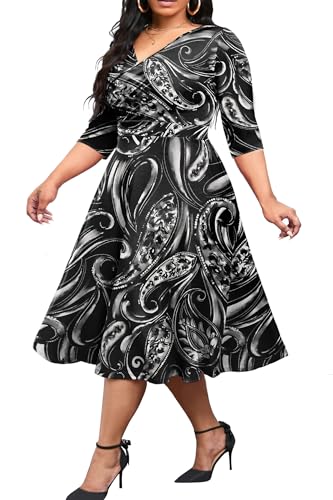 CLOCOR Women's Plus Size Midi Dress 3/4 Sleeve A-Line Swing Dress