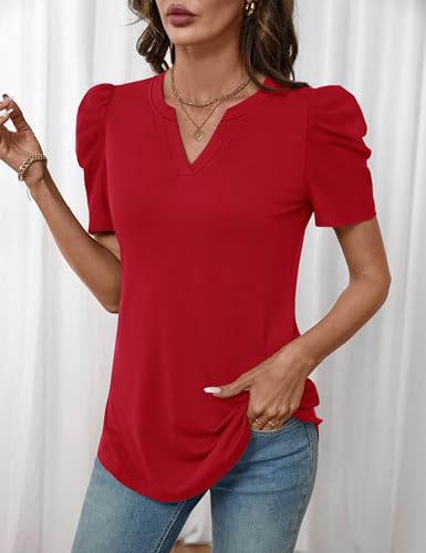 Image of LOMON Spring Summer Tops for Women 2026 V Neck Puff Short Sleeve Tops Fashion Trendy Work Blouses Dressy Casual S-XXL