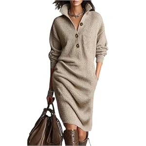 Winterkleider Damen Lang Strickkleid Damen Winter Kleider Elegant Pulloverkleid Langarm Strickkleider V Ausschnitt Pullover Kleid A Linie Maxikleid Pullikleid mit Taschen