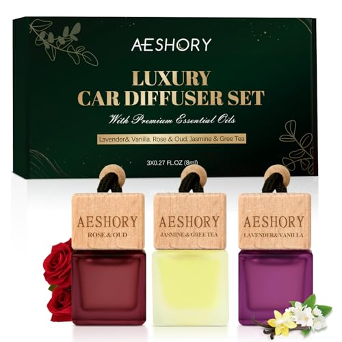 AESHORY Deodorante Per Auto Floreale 3 x 8ML, Profumatore Auto e Deodorante per Interni, Diffusore di Oli Essenziali Appeso Auto - Lavanda & Vaniglia, Rosa & Oud, Gelsomino & Tè Verde
