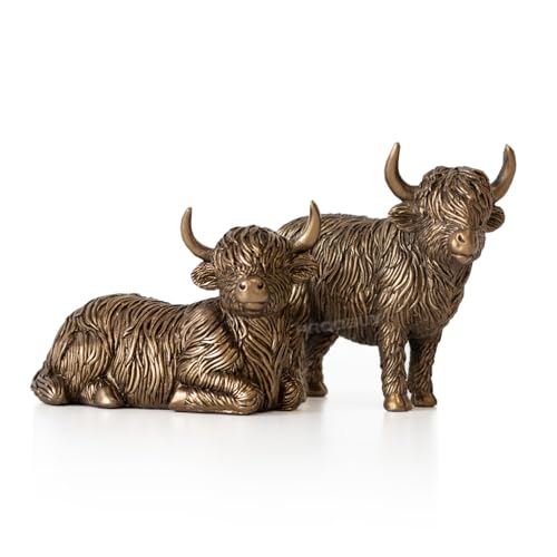 Image of Darthome Set of 2 Highland Cow Ornaments Resin Bronze Decorative Small Shelf Figurines