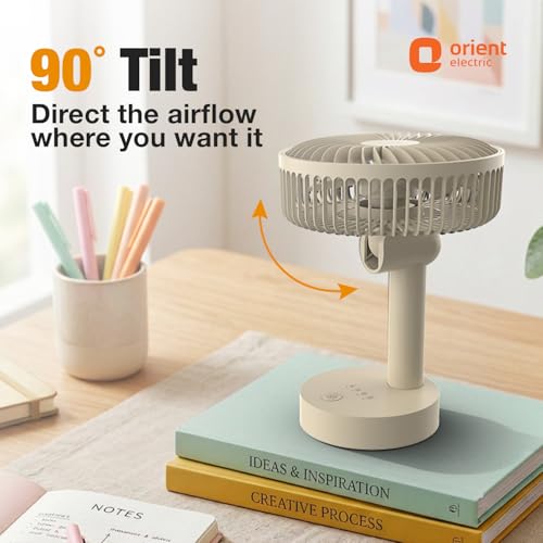 Image of Orient Electric Elfie Rechargeable Personal Fan | 90 Adjustable Airflow | 1800 mAh Battery | 4 Speed Modes | Quiet Operation | USB Type-C Charging | Compact Mini Fan (Beige)