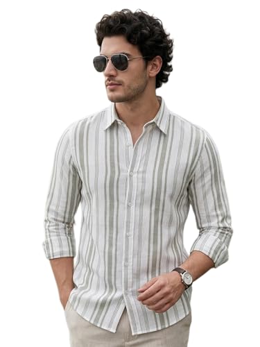 Image of Urbano Fashion Men's Cotton Full Sleeve Relaxed Fit Linen Striped Shirt with Spread Collar