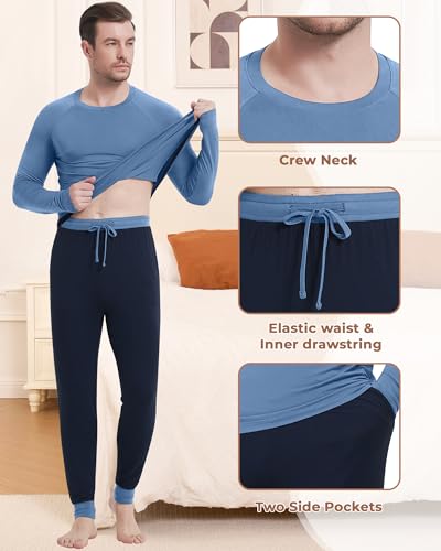 Image of NACHILA Mens Pajamas Set Long Sleeve Henley Sleepwear Top Soft Jogger Pants Pajamas Cool Pjs Set,Viscose Made from Bamboo