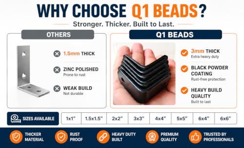 Image of Q1 Beads 4 Pack Metal 4 x 4 inches Heavy Duty 30 Kgs. Load Capacity L Clamp Angle Bracket Floating Shelf Bracket for Wall Shelf,Rack, Home,Shop, Showroom (4 x 4 Inches, Black Powder Coated)