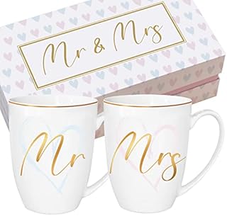 Thoughtful Gifts Mr and Mrs Mugs Gift with Luxury Box Quality Bone China 11oz Wedding Gift Stylish Mr & Mrs Mugs Wedding Present, White With Gold Rim