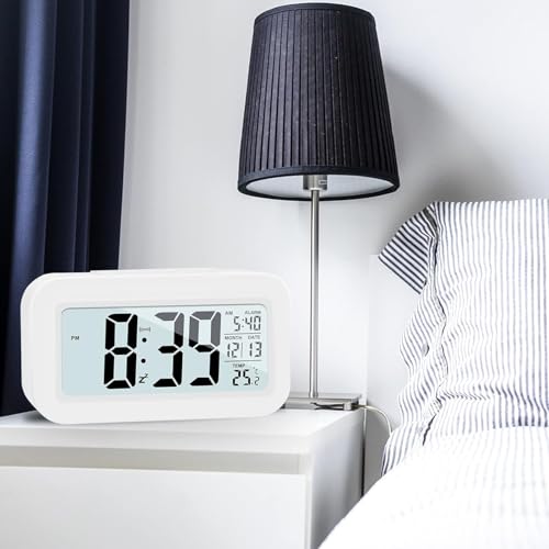 Image of Digital Alarm Clock with Automatic Sensor, Large LCD Backlight Display, Date & Temperature, Battery Clock for Bedroom, Home, Office & Students (Power Cell Not Included) (White)
