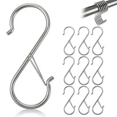MejaRizon 10 Stück S Haken Edelstahl, 90mm Haken zum Einhängen, Sicheres Schnallendesign, Haken mit Sicherung Geeignet für Küche, Werkstatt, Badezimmer, Garten, Schlafzimmer, Draussen(Silber)