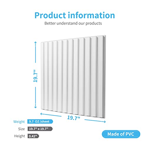 Art3d Pack of 12 Slatted Wall Panel, 3D Fluted Textured Panel, 3D Panels Wood Wall Panels, 50 x 50 cm, White