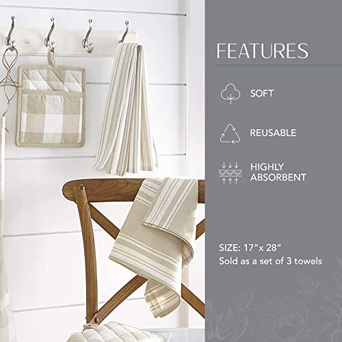 Elrene Home Fashions Farmhouse Living Stripe And Check Kitchen Towels, Set Of 3, 17" X 28", Tan/White 3 #TOP2
