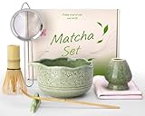 Biching Matcha Whisk Set, 7Pcs Matcha Kit with Matcha Bowl with Cherry Design, Matcha Whisk and Holder, Bamboo Scoop, Scoop Rest, Sifter and Tea Towel, Matcha Tea Set for Matcha Lovers