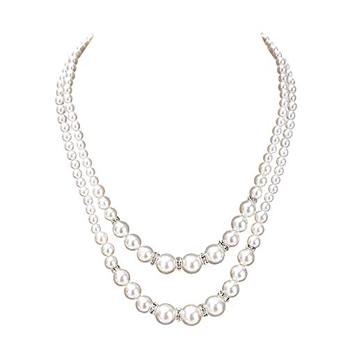 Ailer White Long Simulated Pearls Necklace for Women Fashion Beads Cluster Double Layer Pearl Necklace Extender size50+7CM