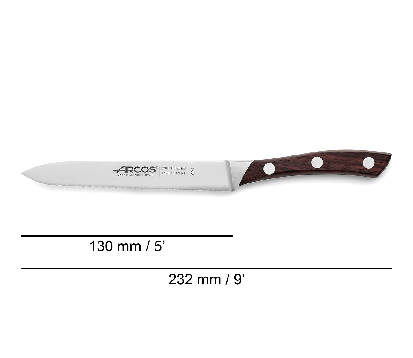 Arcos Couteau à Tomate Forgé. Lame en Acier Inoxydable 130 mm. Couteau de Cuisine Professionnel. Manche Ergonomique en POM. Série Natura. Couleur Marron