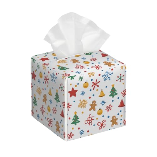 Scatola quadrata per fazzoletti con omino di pan di zenzero, elementi natalizi, in pelle, impermeabile, leggera