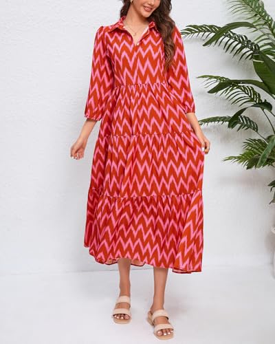 Image of YEXPINE Women Maxi Dresses 3 /4 Sleeve Button Down Print Ruffle Tired Casual Office Dress