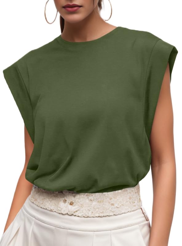 El Mejor Listado de Camisetas y tops para Mujer del mes. 45 GRECERELLE Camisetas básicas de verano con mangas cortas para mujer, camisetas informales sin mangas, cuello redondo holgado, ropa de moda 2025, verde militar, talla pequeña