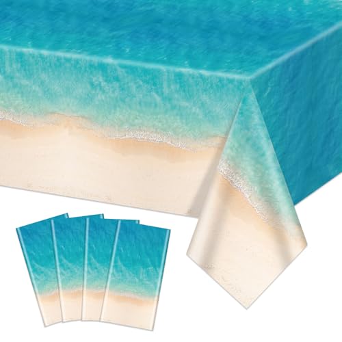 AJINXIN 4 Pcs Ocean Beach Tablecloths Ocean Waves Table Cloths Summer Disposable Plastic Table Covers for Beach Theme Party Baby Shower and Summer Birthday Party Decorations 51 x 86 in