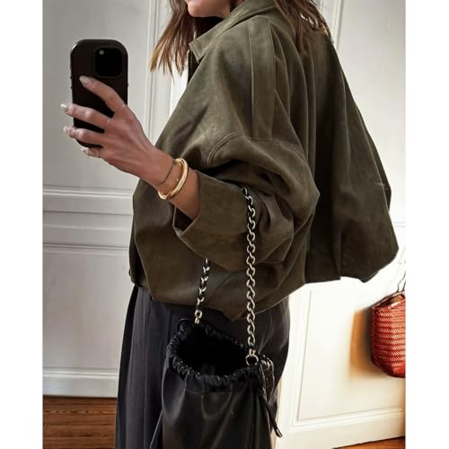 Women's Faux Suede Bomber Jacket, Lapel Long Sleeve Motorcycle Cropped Coat, Casual Oversized with Zipper, Streetwear Coats2