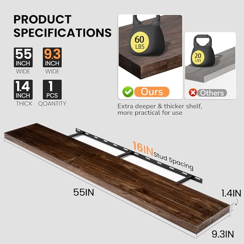 Image of Fun Memories Floating Shelves for Wall, 55 inchx9.3 inch Rustic Solid Elm Wood Shelves, Heavy-Duty Wall Mounted Shelves with Invisible Brackets for Living Room, Bedroom, Kitchen, Walnut Finish