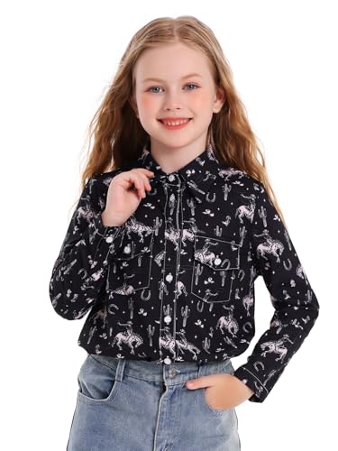 Girls Western Shirt Long Sleeve Collared Retro Button Down Shirts for Teen Cowboy Style Country Outfit2